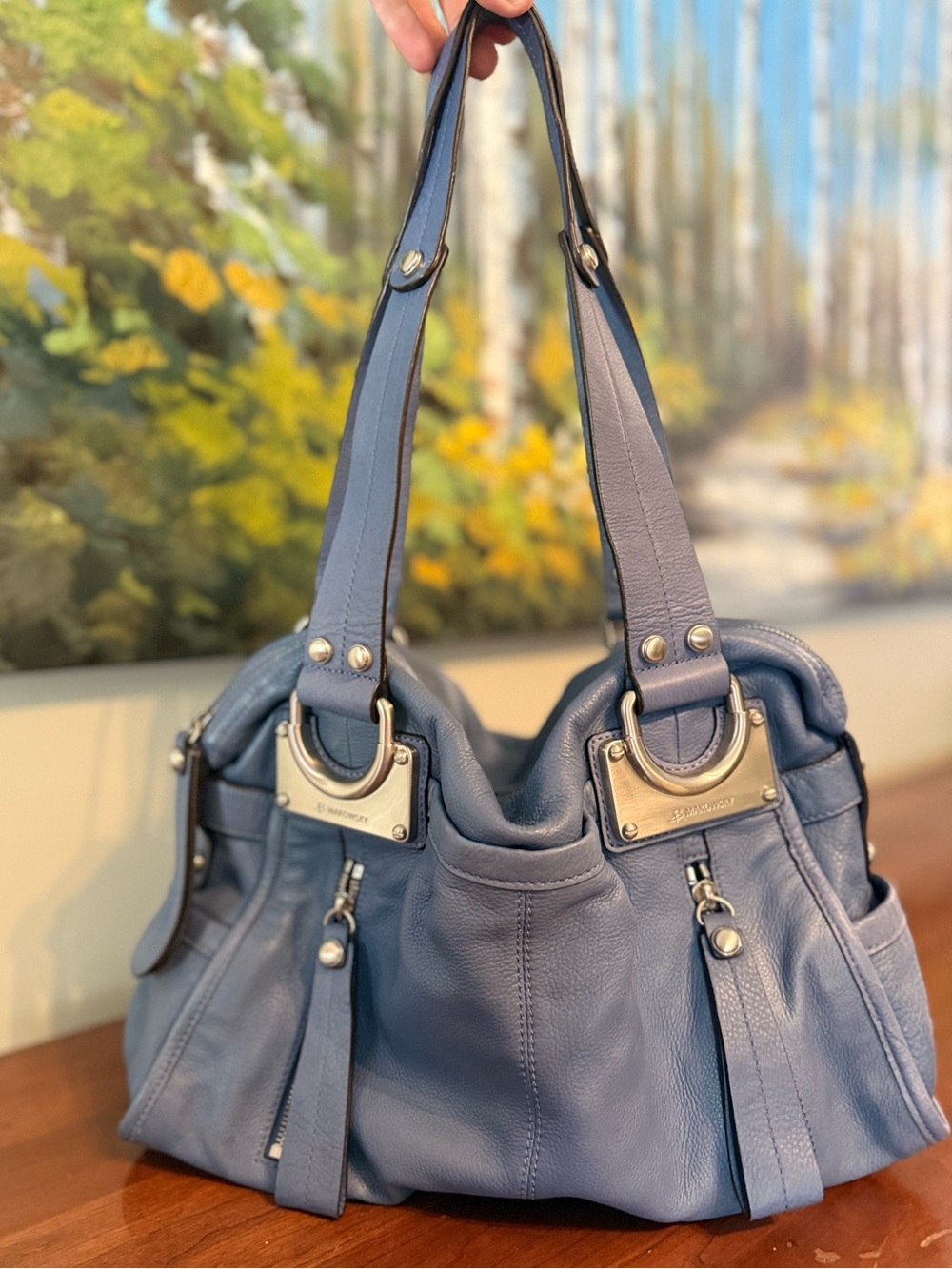 B. Makowsky Butter Soft, Slouchy, Blue Leather East West Shoulder Bag • Leopard